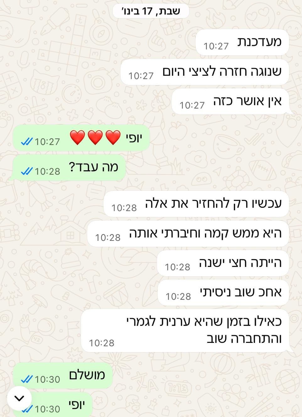 הודעת וואטסאפ מאמא: נוגה חזרה לציצי היום, אין אושר כזה